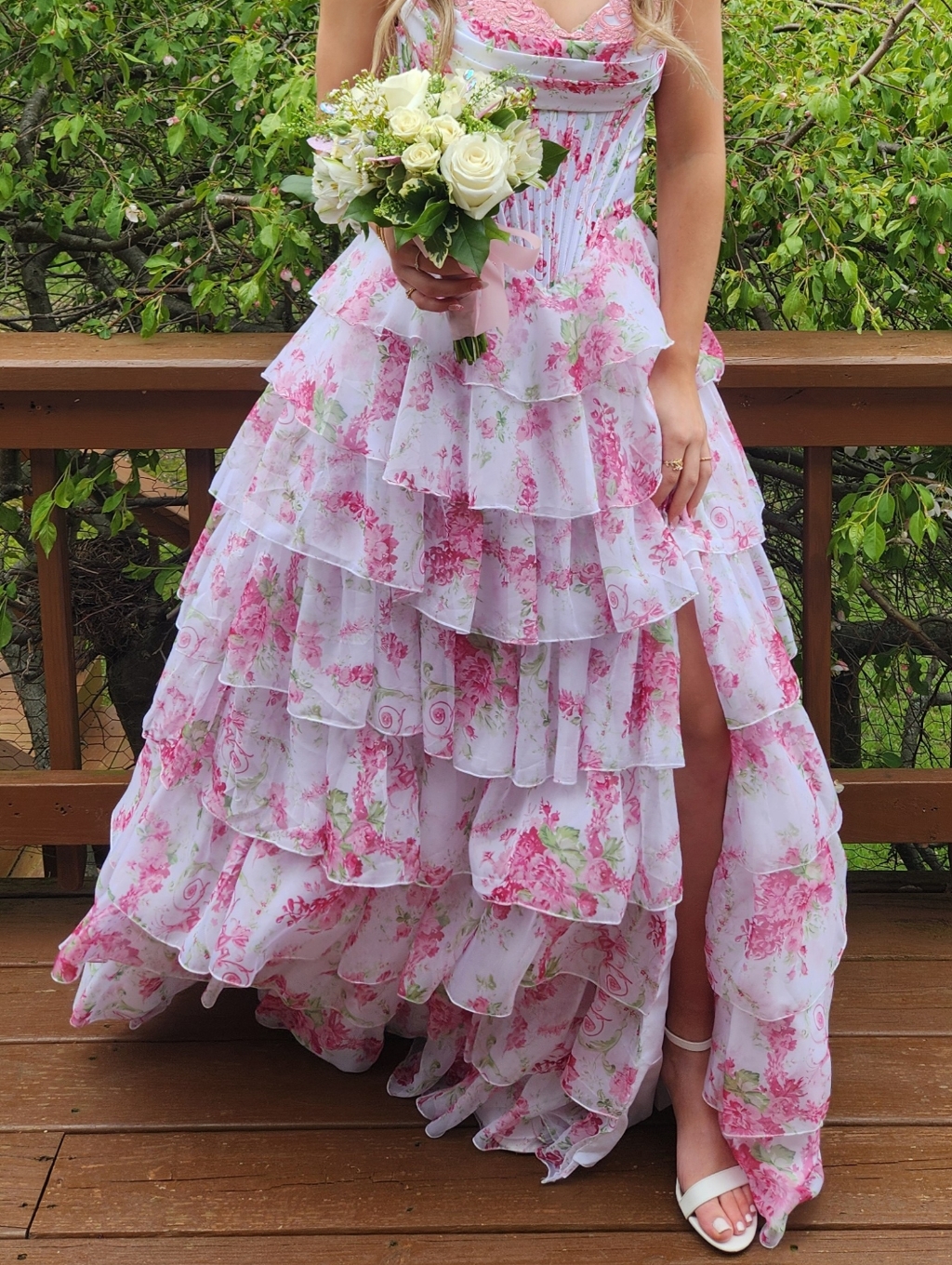 Stacee's Strapless Floral Print Tiered Ruffle Dress W/ Corset Back & Slit, Sz 2